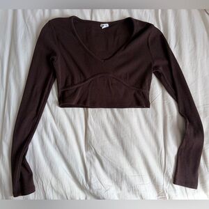 Garage Dark Brown Cropped Long Sleeve Top
